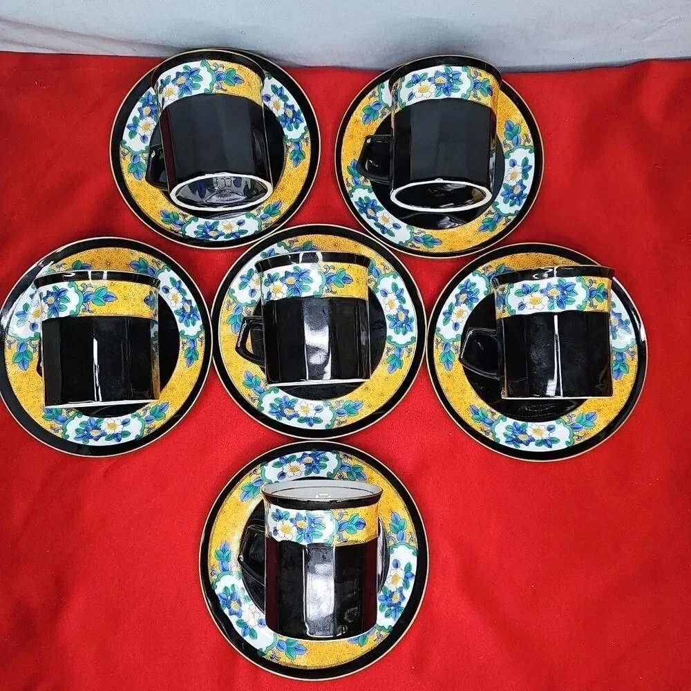 Black Coffee Cup & Saucer Tea Set Of 6 Yellow Blue Flowers